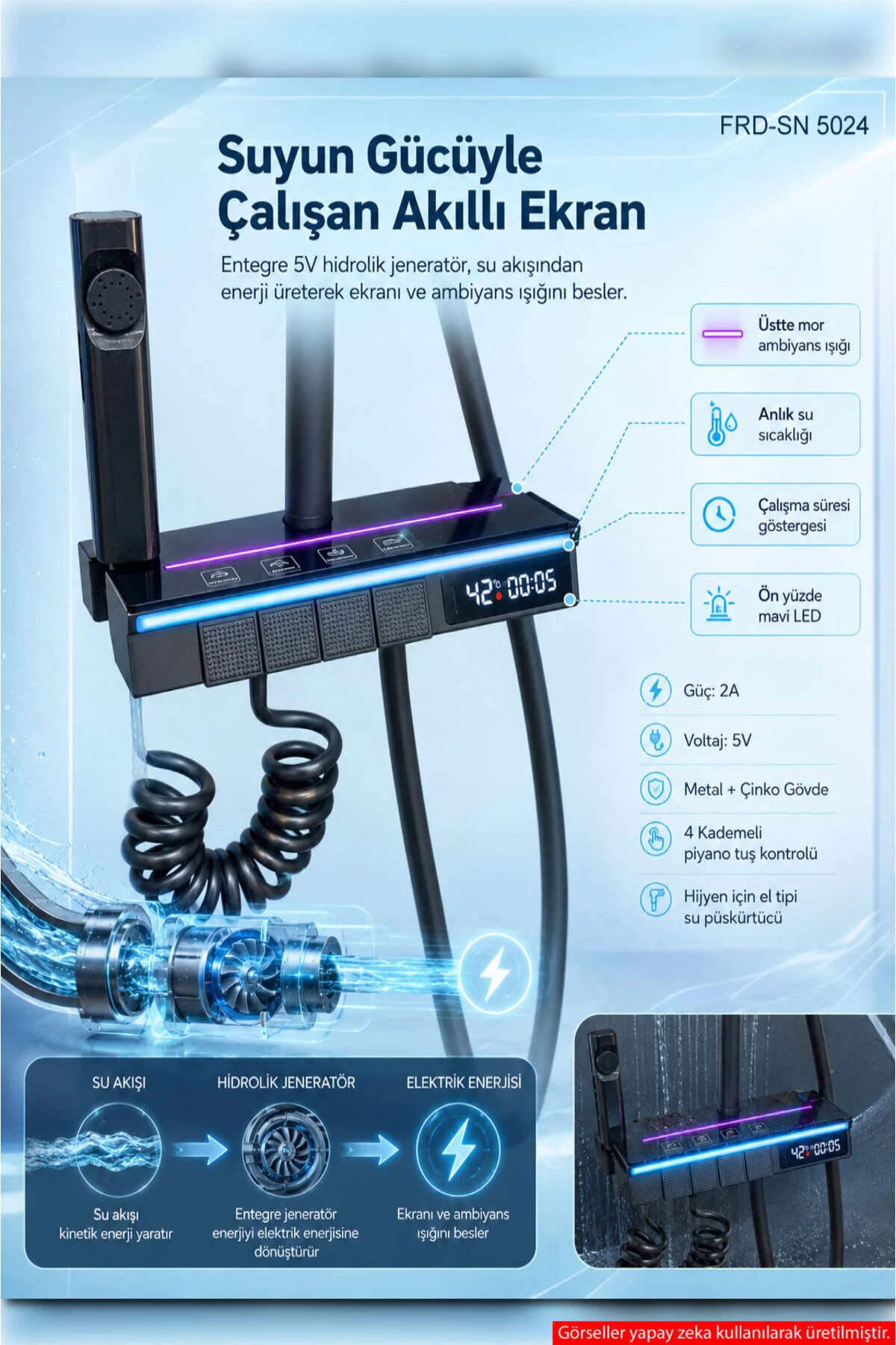 Piyano Tuşlu Dijital Duş Seti Freddo 4 Fonksiyonlu Led Ambiyans Işıklı Termostatik Akıllı Duş Seti, Yağmurlama Tepe Duş + El Duşu + Banyo Bataryası Antrasit Frd-sn 5024 Siyah