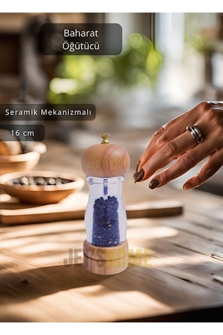 Baharat Öğütücü Kalınlık Ayarlı Karabiber Değirmeni Ahşap Tuz Değirmeni Seramik Bıçaklı 16 Cm Şeffaf