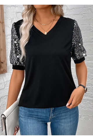 Kadın Kısa Kollu V Yakalı Pul Payet Detaylı Viskon Bluz Siyah