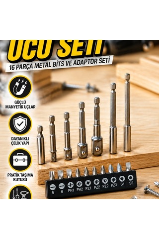 16 Parça Metal Bits Ve Adaptör Seti Manyetik Çok Amaçlı Tornavida Uçları