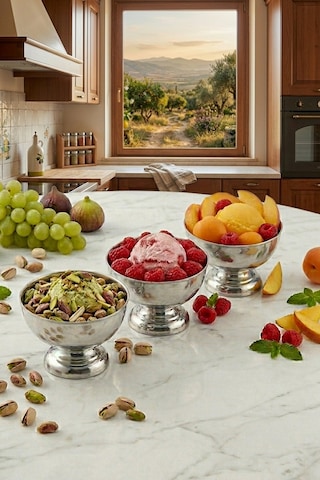 4 Parça Çelik Dondurma Sunum Tepsisi Ayaklı Çerez Kasesi Stainless Steel Metalik