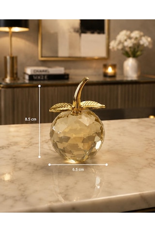 Mini Sarı Kristal Elma Biblo 7.5 Cm Dekoratif Cam Obje Gold Yapraklı Şık Masa Üstü Süsü