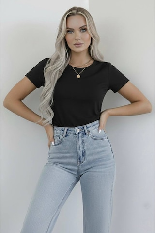 Hashtag Kadın Bisiklet Yaka Kısa Kollu Body Basic Tişört Viskon Kumaş Siyah