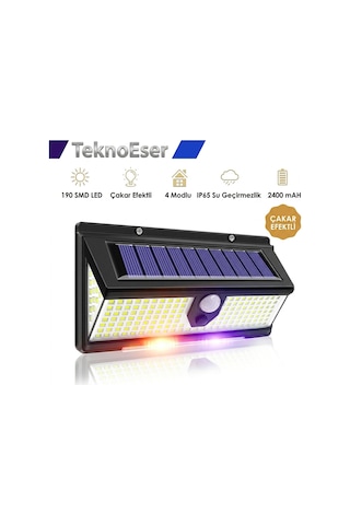 190 Smd Led Solar Bahçe Lambası - 4 Modlu Çakar Efektli Hareket Sensörlü Dış Mekan Aydınlatma