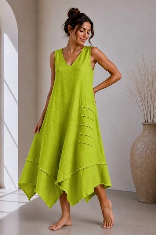 Bb Butik Basic İtalyan Keten V Yaka Asimetrik Salaş Elbise Dm0935 Olive