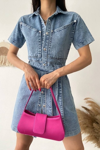 Noa & Noa Kadın Kemerli Düğmeli Denim Elbise Şehirli & Vücuda Oturan Stil Mavi