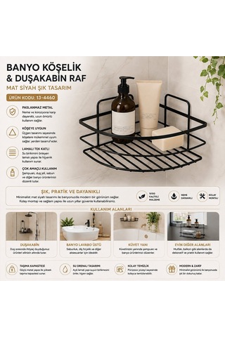 Krt-1149 Lamalı Banyo Köşelik Ve Duşakabin Rafı Tek Katlı Üçgen - Siyah Metal