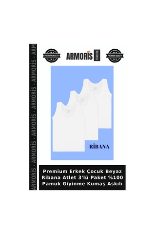 Armoris Premium Erkek Çocuk Beyaz Ribana Atlet 3'lü Paket %100 Pamuk Giyinme Kumaş Askılı