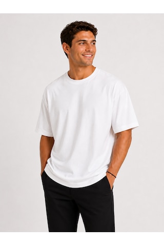 Vasto Moda Erkek Oversize Kalın Dokulu %100 Organik Pamuk Bisiklet Ribana Yakalı Beyaz T-shirt