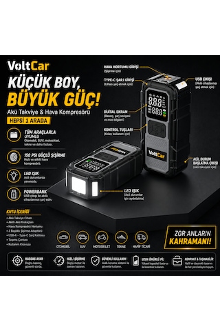Voltcar Akü Takviye Cihazı Akıllı Araç Lastik Şişirme Kompresörü Powerbank Dijital Ekranlı Taşınabilir Hava Pompası