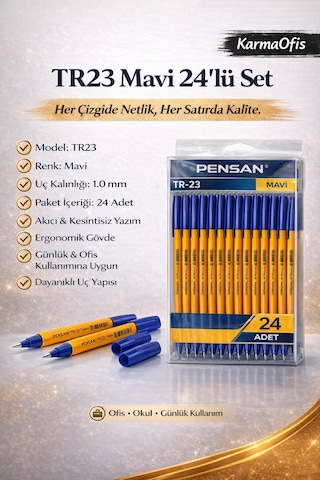 Tr23 Mavi Tükenmez Kalem 24 Lü Set 1.0 Mm Uç, Akıcı Yazım, Ofis & Okul Kullanımı Çok Renkli24