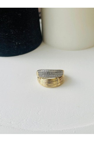 2 Sıra Zirkon Taşlı Gold-gümüş Detay Çelik Yüzük