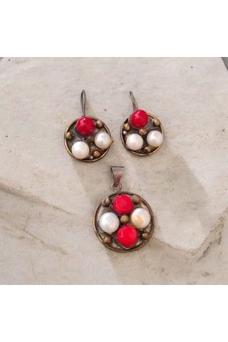 Mercan Ve İncili Gümüş Set Bronz