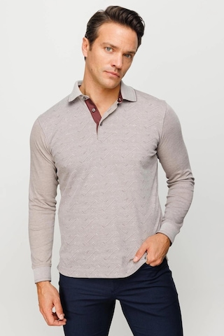 Desen Triko Erkek Polo Yaka Desenli Uzun Kollu Sweatshirt Bej Bej