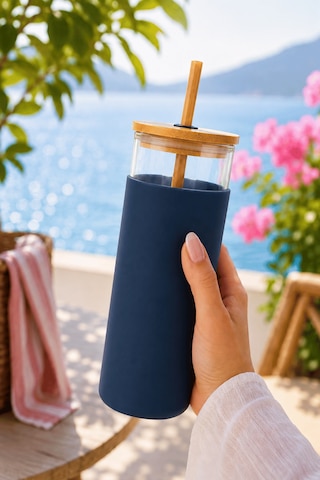 Bambu Pipetli Cam Bardak 550 Ml Silikon Kılıflı Kahve Bubble Tea Ve Su Şişesi - Mavi