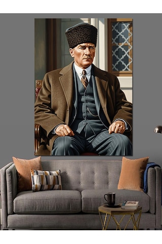 Mustafa Kemal Atatürk Oturuşu Dekoratif Kanvas - Mdf Ahşap Tablo