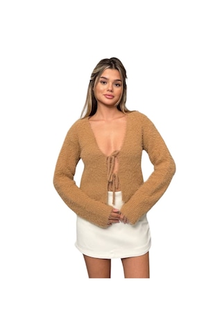 Kechi Woman Sakallı Bağlamalı Camel Renk Triko Hırka Çok Renkli