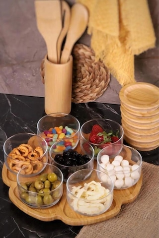 Duo - 7'li Dönen Tepsili Bambu Silikonlu Kapaklı Hava Aldırmaz Cam Kahvaltılık 300 Ml Kahverengi