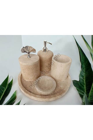 Sarı Traverten Klasik Model 5 Parça Gümüş Renk Japon Gülü Aksesuarlı Banyo Seti Sarı Traverten
