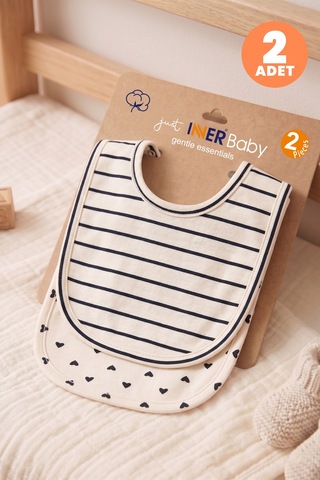 Just Inner Kız Bebek 2'li Pamuklu Önlük Kalpli Çizgili Çıtçıtlı Çift Katlı Cilt Dostu 684304 Krem