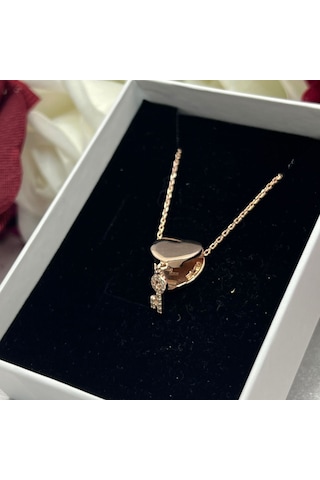 Açılabilir Kalp Ve Zirkon Taşlı Anahtar Kadın Kolyesi 925 Ayar Gümüş Zincirli Rose Gold Kaplama Gümüş