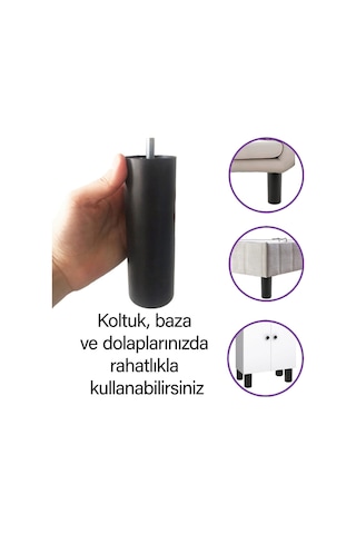 4 Adet Silindir Destek Ayağı 15 Cm Siyah Gizli Ayak Mobilya Kanepe Baza Koltuk Dolap Sehpa Tv Ünitesi Ayağı