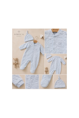 Omeca Concept Dokulu, Desenli Şapkalı Bebek Tulum Seti Yumuşak Dokulu Ayaklı Tulum mavi