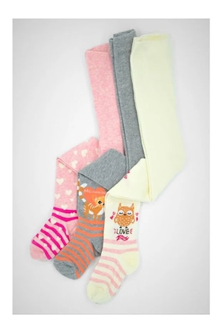 Veraye Socks Kız Külotlu Çorap Kedi Baykuş Ve Kalp Desen Pamuklu Penye 3'lü Krem-pembe-gri