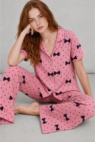Womanandkids Night Pembe Kadın Kısa Kollu Desenli Pijama Takımı 4729
