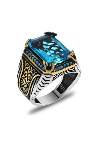 Baget Kesim Aqua Zirkon Taşlı Yanları Gotik Süslemeli 925 Ayar Gü (537174679)