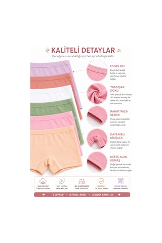 Westicgiyim Kız Çocuk Boxer 6 Lı Paket Fitilli Modal %48 Pamuk %47 Modal Esnek Yumuşak Çocuk İç Çamaşırı 3-12 Yaş Çok Renkli