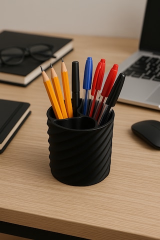 Spiral Desenli 3 Bölmeli Makyaj Kutusu Kalemlik/makyaj Organizeri 3 Bölmeli Kalem Kutusu - Özel Tasarım Dayanıklı 3d Baskı - Pla Hammadde Siyah