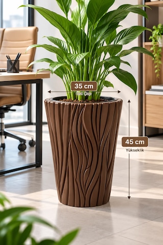 Ağaç Desenli Kahverengi Büyük Saksı 45 Cm 35 Cm Üst Çaplı Dekoratif İç Saksılı Salon Ve Ofis Saksısı -