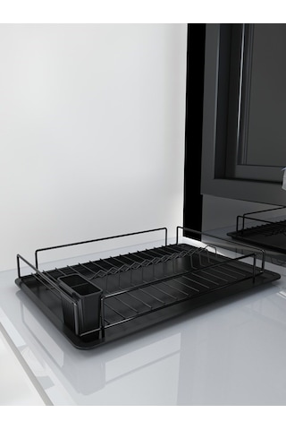 Premium Siyah Tek Katlı Bulaşıklık, Dayanıklı Paslanmaz Termoplastik Kaplama Tepsili, Kaşıklıklı Siyah