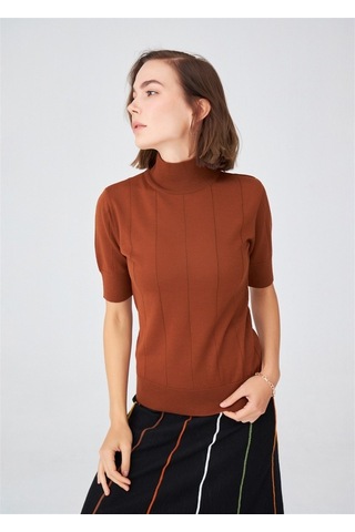 Peraluna Balıkçı Yaka Kısa Kollu Basic Kadın Triko Bluz Kahve-Kahve Kahverengi