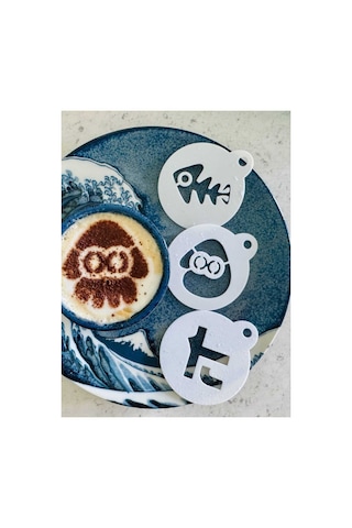 Splatoon Temalı 3'lü Kahve Süsleme Stencil Seti Latte Art Kalıbı - Balık İskeleti Ve Kalamar Figürlü Diğer