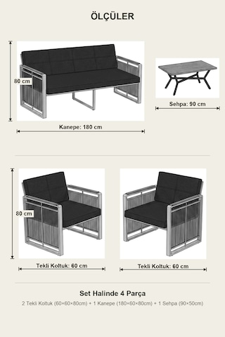 Maris Bahçe Balkon Oturma Takımı Metal Karkas, 3+1+1 Koltuk, Cappucino Siyah
