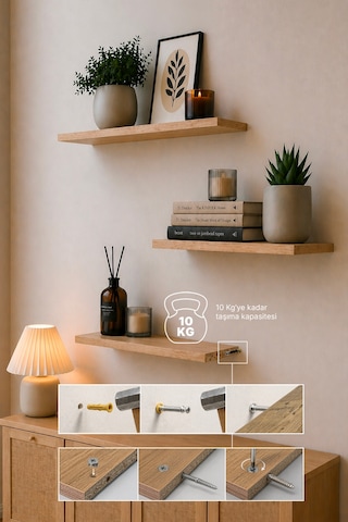 Harmony 3 Raflı Gizli Monte Uçan Raf 50 15 Cm Bej