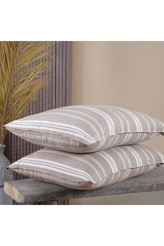 Pamuklu İpliği Boyalı Yıkamalı Kapaklı Yastık Kılıfı 2 Li Set 50x70 Cm Çift İğne Detaylı Bej