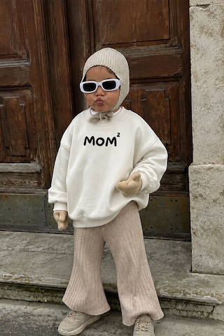 Monila Unisex Çocuk Anne Baskılı 3 İplik Kumaş Pamuklu Sweatshirt Ekru/siyah