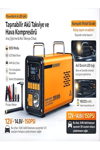 16000mah 14.8v Dijital Ekranlı Araba Akü Takviyeli Kompresör Araç Lastik Şişirme Hava Pompası 150psı Sarı