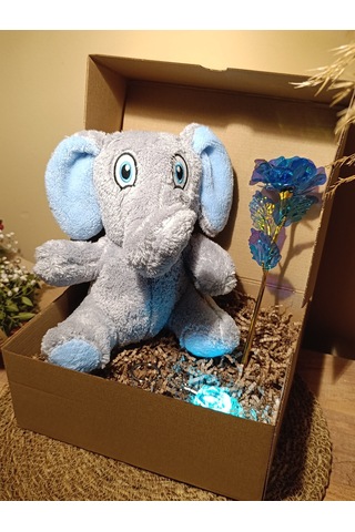 Kutulu Hediye Seti / Peluş Fil 24cm - Renk Değiştiren Işıklı Anahtarlık - Sonsuzluk Gülü