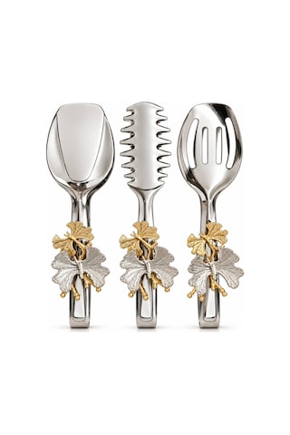 Premium 3 Lü Servis Maşa Seti, Gold Gümüş Detaylı Makarna Salata Pasta Kek Sunum Maşa Seti