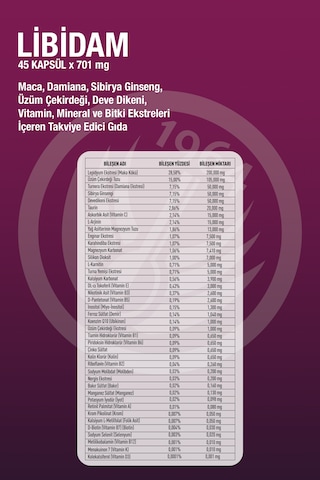 Sepe Natural Libidam Maca Damiana Sibirya Ginseng Ekstreleri Kadın Erkek Multivitamin Mineral 45 Kapsül X 701 Mg