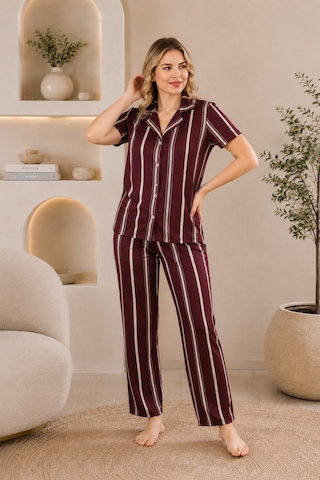 Wordex Mirano 4868 Dijital Baskı Kumaş Düğmeli Kısa Kolu Çizgili Kadın Pijama Takımı Kahverengi