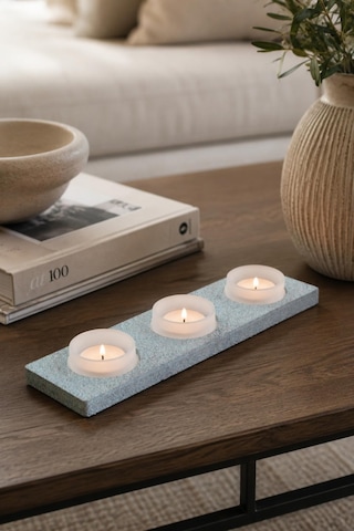 Ahşap Granit Dokulu Boyalı 3 Lü Tealight Mumluk Turkuaz