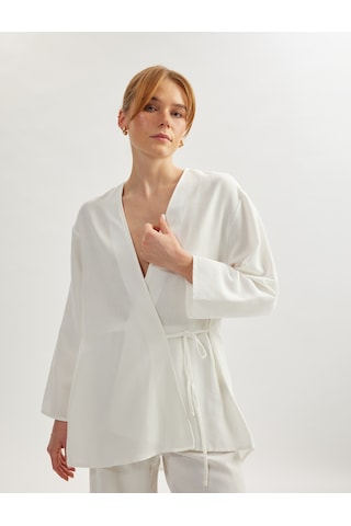 Koton Keten Karışımlı Uzun Geniş Kollu Kruvaze Kimono Kırık Beyaz 5sak60007pw Ekru