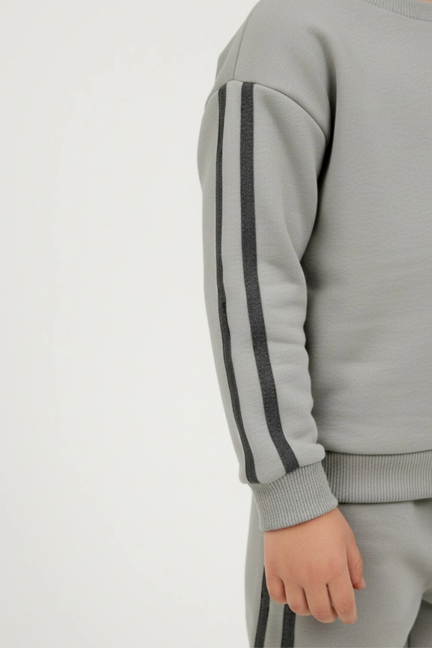 Erkek Çocuk Şeritli 3 İplik Gri Alt Üst Takım Gri - Siyah