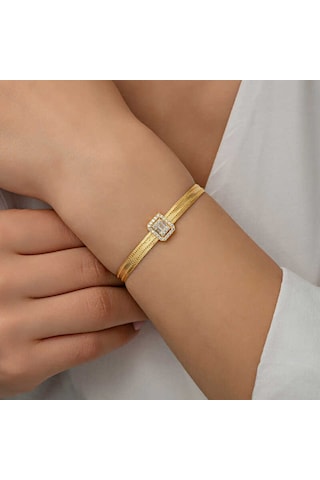 Gümüş Gold Baget Taşlı Trabzon Hasır Kadın Bileklik Gold