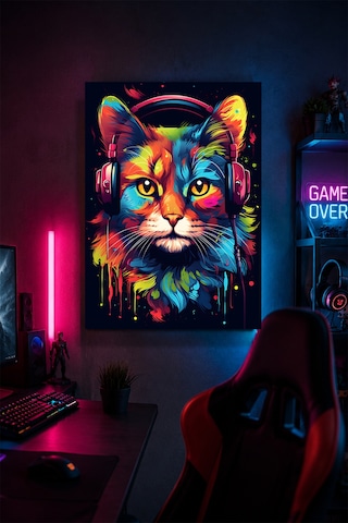 Gaming Kulaklıklı Kedi Metal Duvar Tablosu Gamer Oda Dekoru Renkli Tasarım 30x40 Cm A3 Boyutunda
